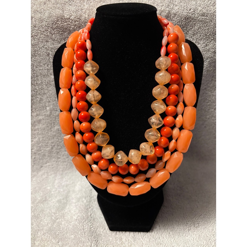 Vintage Style Multi Strand Orange Coral Chunky Bead Statement Necklace 15-17.5in